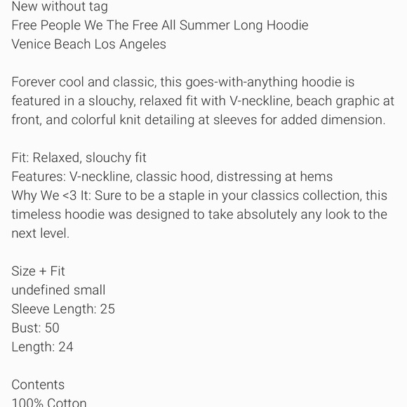 Free People We The Free All Summer Long Hoodie Venice Beach NWOT | Small - Picture 7 of 9